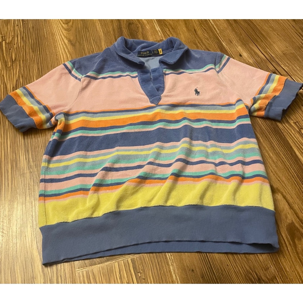 Polo Ralph Lauren Womens Terry Cloth Striped V-Neck Polo Shirt Pink Blue Large